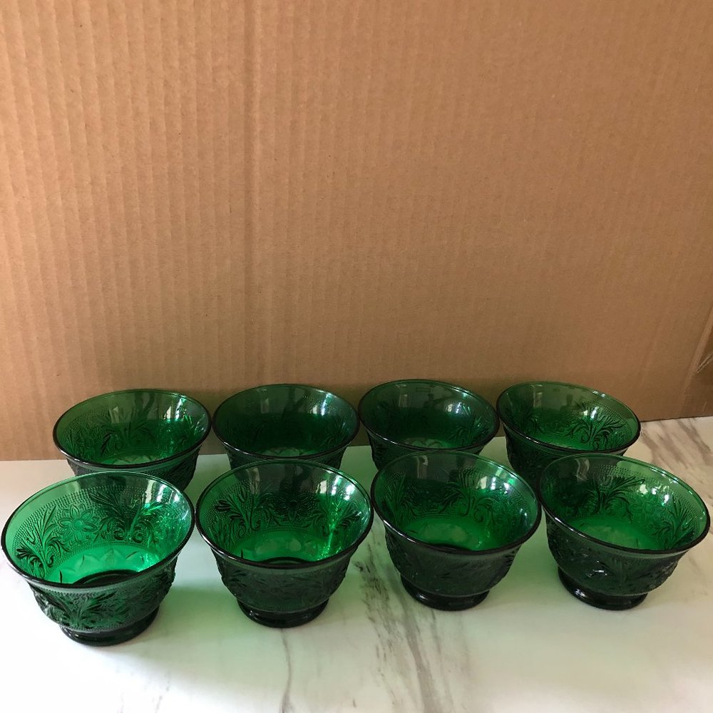 1930s Emerald Forest Green Depression Era Glass Dessert Cups -Set of 8